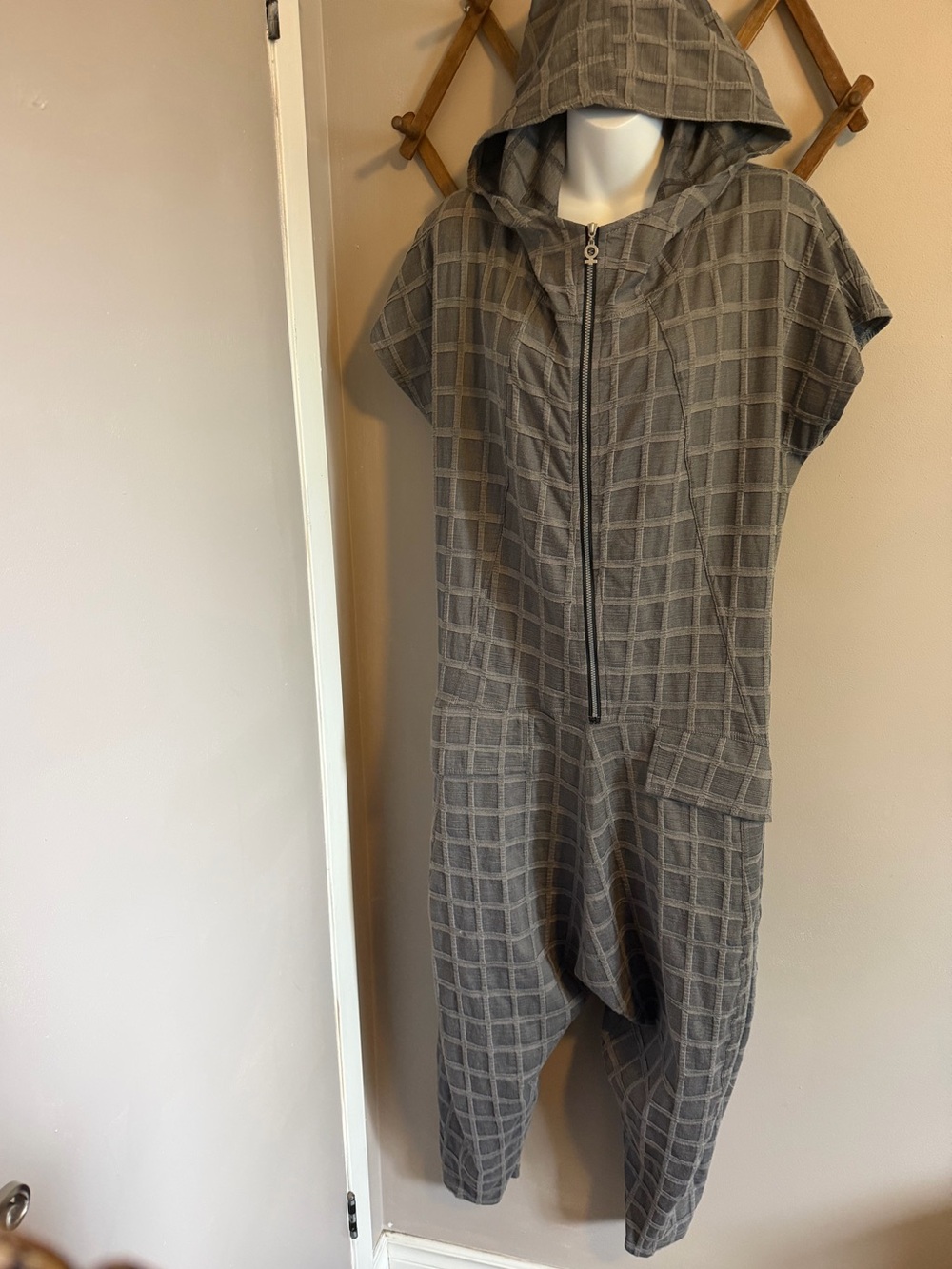 My Soul Grey Grid Hooded Romper drop crotch  XL